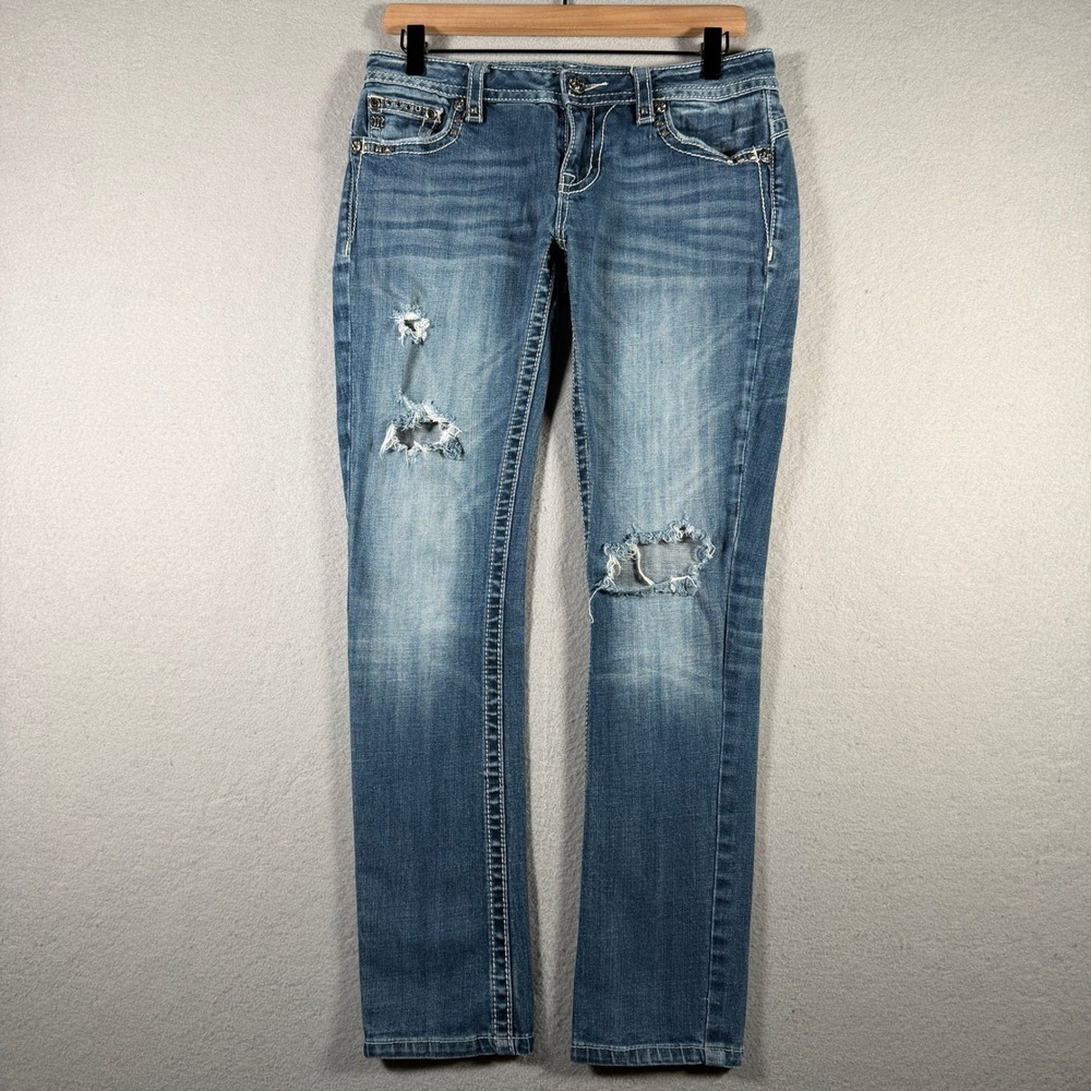 Miss Me Signature Boot Distressed Studded Rhinestone Jeans JP7231BV Size 28